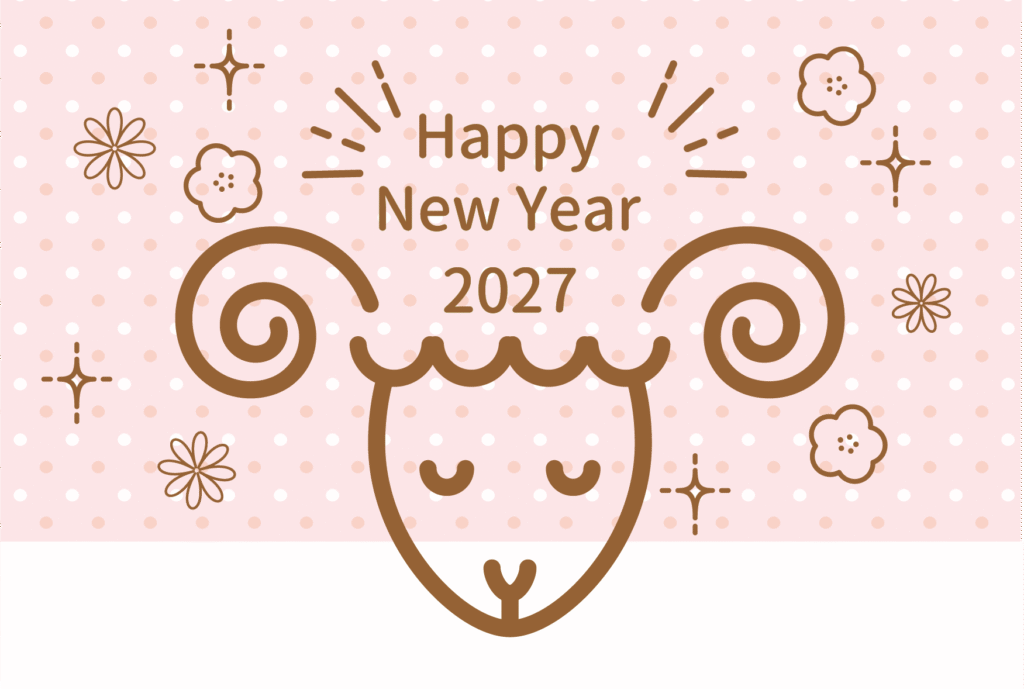 線画ひつじと水玉模様の2027年の年賀状テンプレート