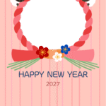 しめ縄と黒ひつじの2027年の写真フレーム付の年賀状テンプレート