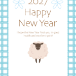 かわいいひつじとチェック柄背景のシンプルな2027年の年賀状テンプレート