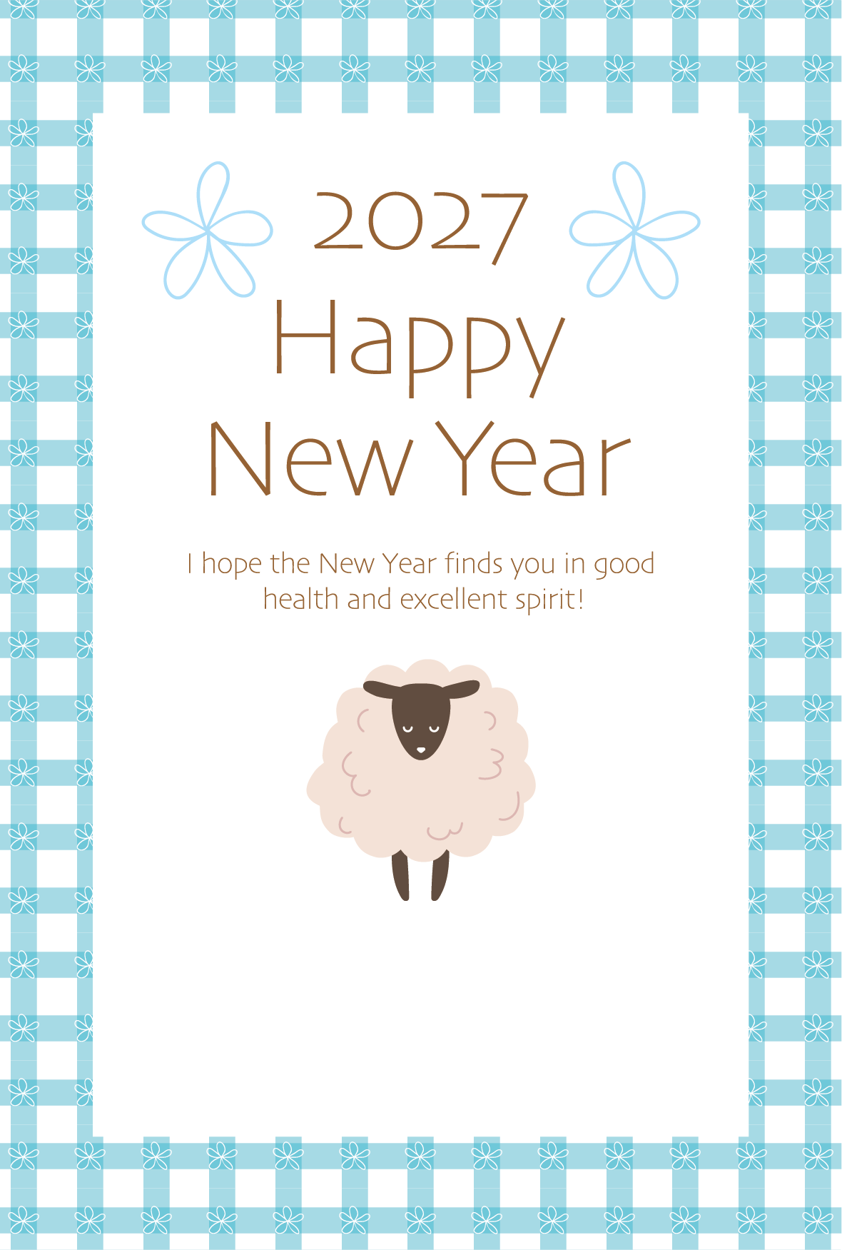 かわいいひつじとチェック柄背景のシンプルな2027年の年賀状テンプレート